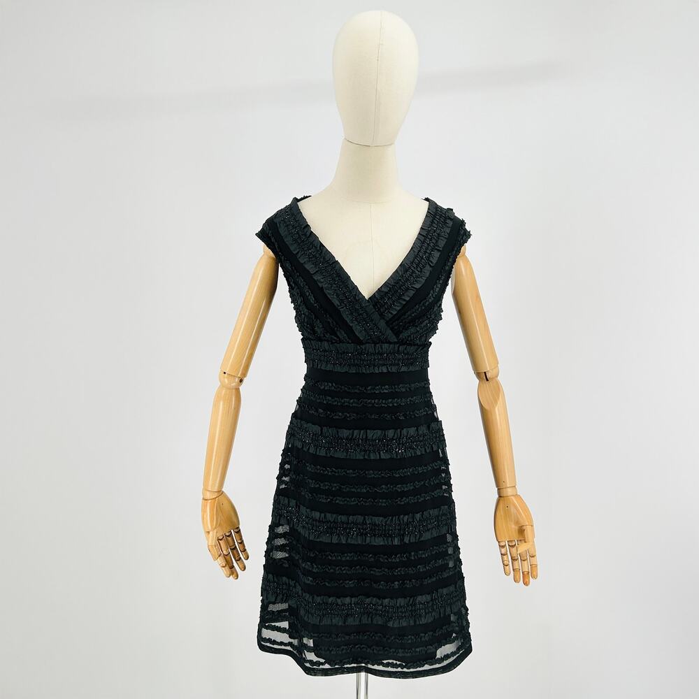 Vintage 90s Tadashi Black Ruched Mesh Panel Cocktail Dress